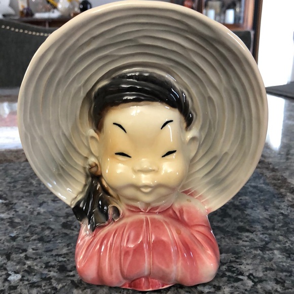 Vintage Royal Copley 1950's Asian Girl Head Vase Wall Pocket - Picture 1 of 6